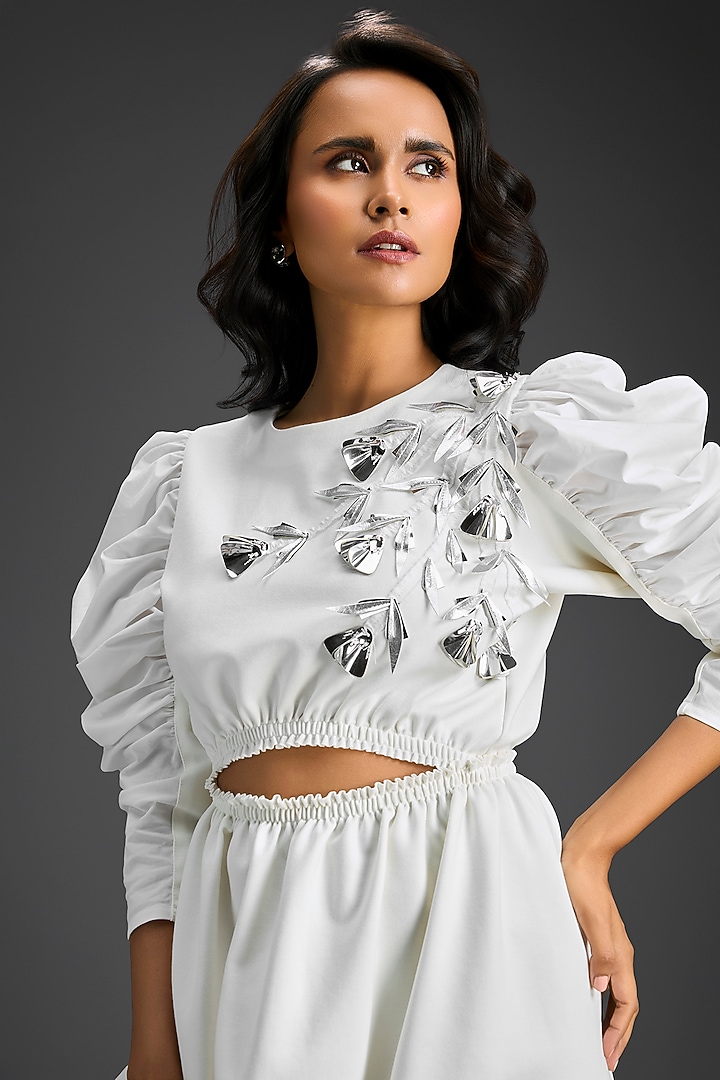 White Ponte Roma Floral Embroidered Cut-Out Mini Summer Dress by Deepika Arora at Pernia's Pop Up Shop