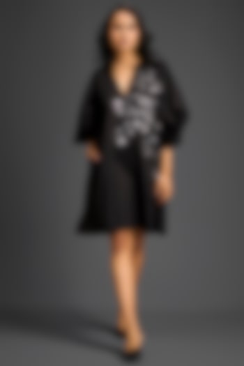 Black Cotton Metallic Floral Embroidered Mini Summer Dress by Deepika Arora at Pernia's Pop Up Shop