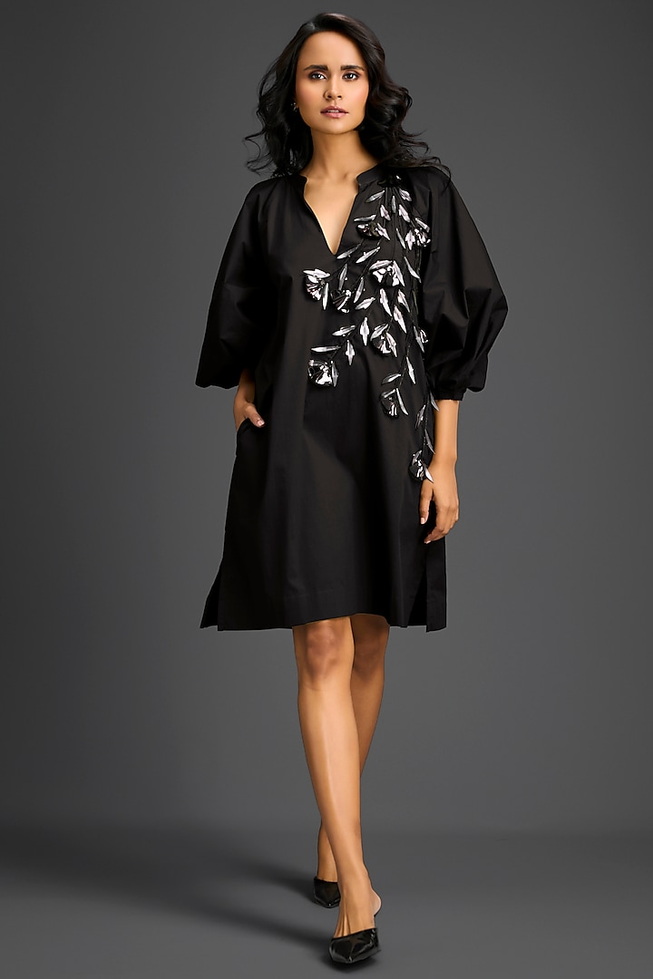 Black Cotton Metallic Floral Embroidered Mini Summer Dress by Deepika Arora at Pernia's Pop Up Shop