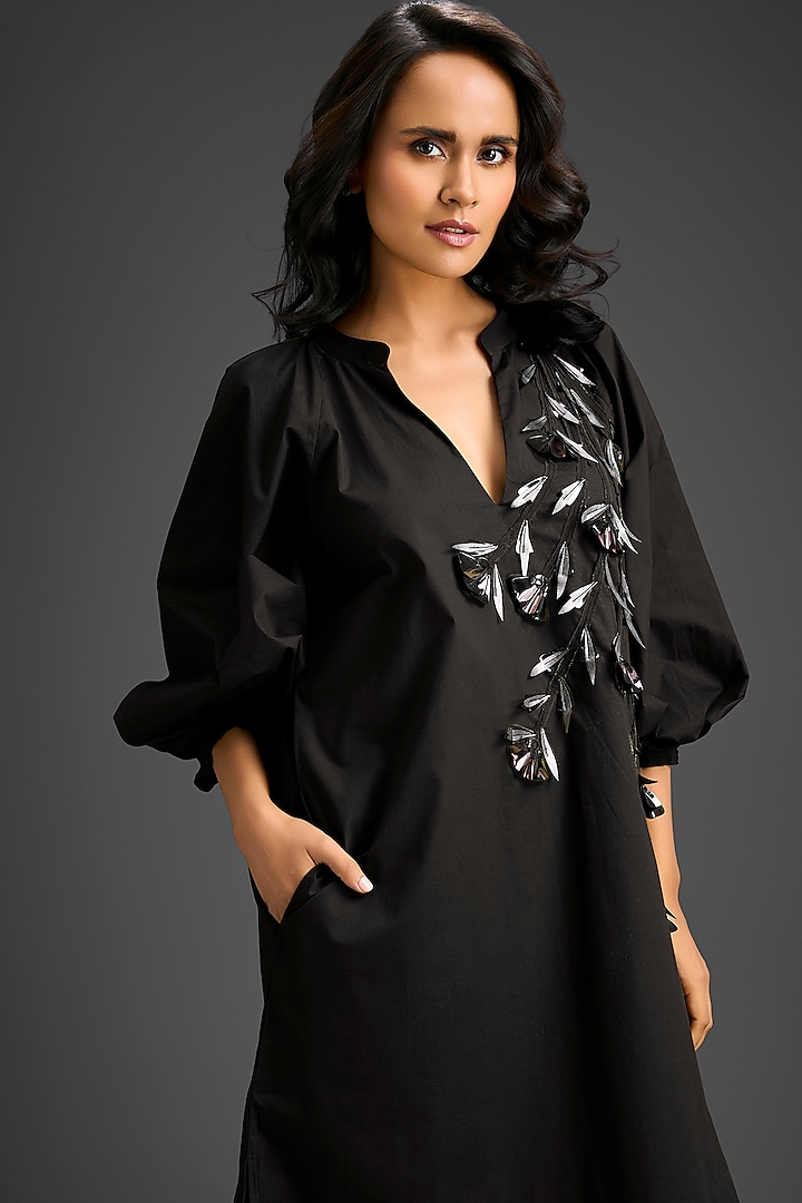 Black Cotton Metallic Floral Embroidered Mini Summer Dress by Deepika Arora at Pernia's Pop Up Shop