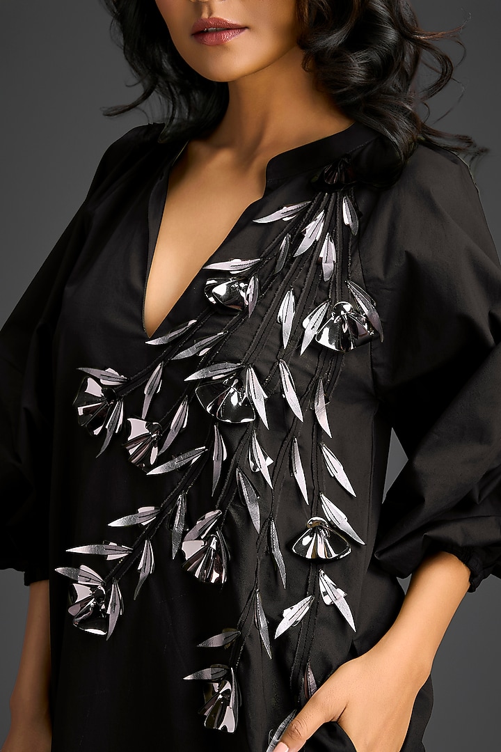 Black Cotton Metallic Floral Embroidered Mini Summer Dress by Deepika Arora at Pernia's Pop Up Shop