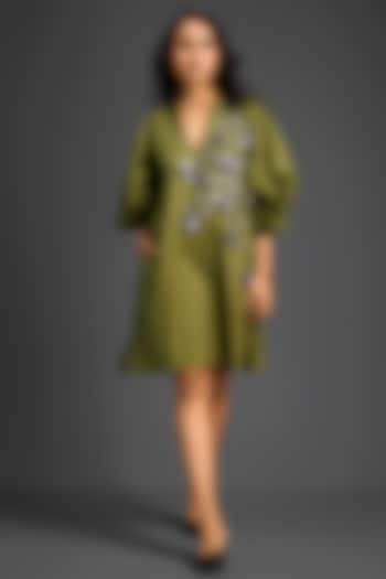 Green Cotton Metallic Floral Embroidered Mini Summer Dress by Deepika Arora at Pernia's Pop Up Shop