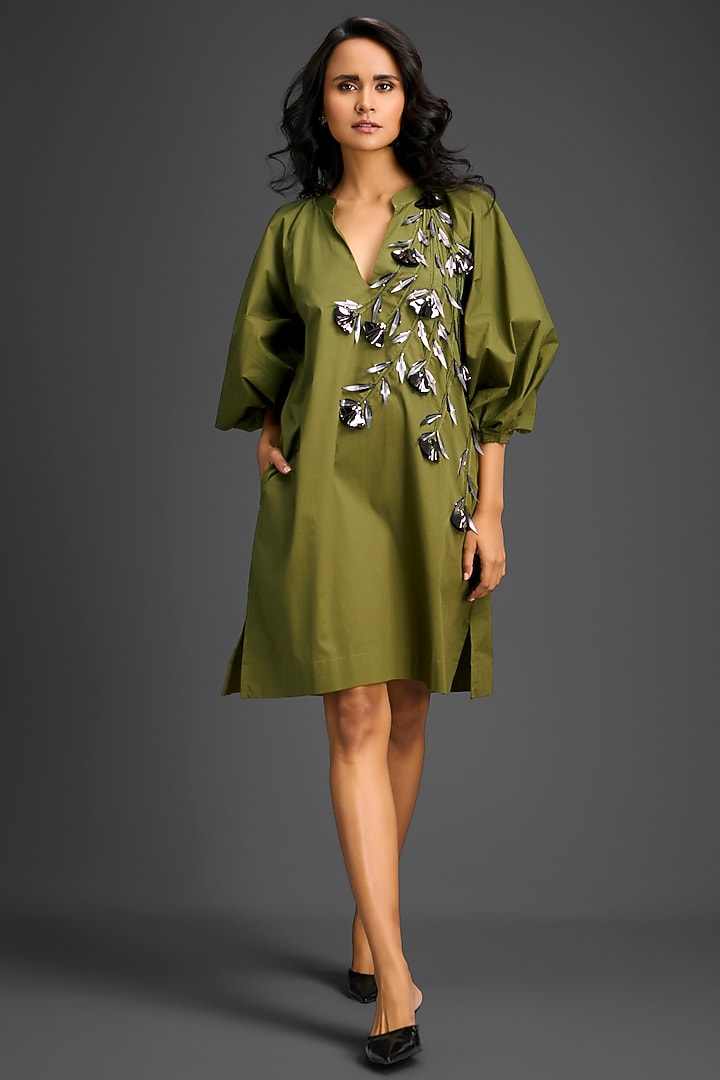 Green Cotton Metallic Floral Embroidered Mini Summer Dress by Deepika Arora at Pernia's Pop Up Shop