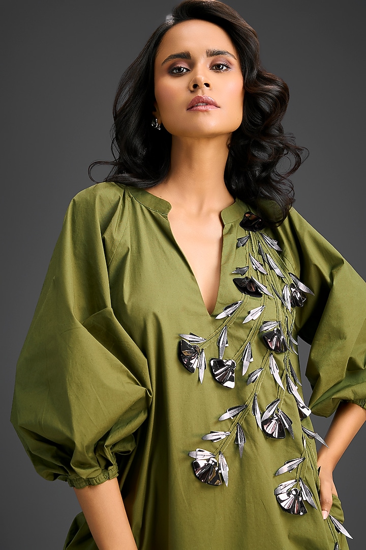 Green Cotton Metallic Floral Embroidered Mini Summer Dress by Deepika Arora at Pernia's Pop Up Shop