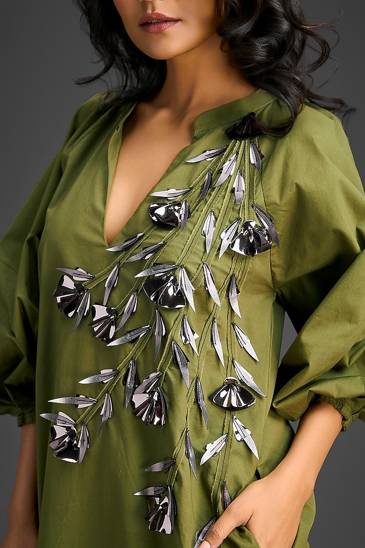 Green Cotton Metallic Floral Embroidered Mini Summer Dress by Deepika Arora at Pernia's Pop Up Shop