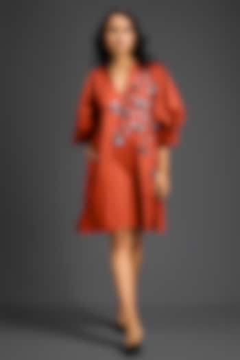 Rust Cotton Metallic Floral Embroidered Mini Summer Dress by Deepika Arora at Pernia's Pop Up Shop