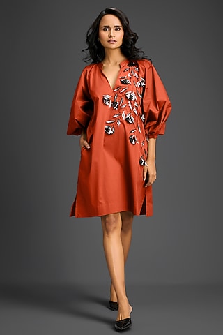 Rust Cotton Metallic Floral Embroidered Mini Dress by Deepika Arora