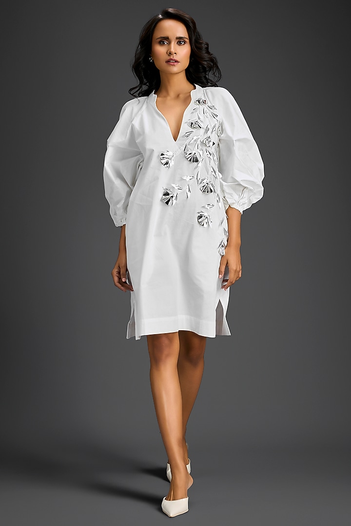 White Cotton Metallic Floral Embroidered Mini Summer Dress by Deepika Arora at Pernia's Pop Up Shop