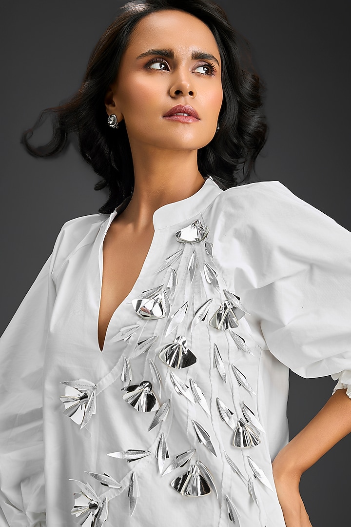 White Cotton Metallic Floral Embroidered Mini Summer Dress by Deepika Arora at Pernia's Pop Up Shop