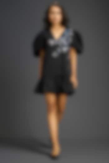 Black Cotton Floral Embroidered Mini Summer Dress by Deepika Arora at Pernia's Pop Up Shop