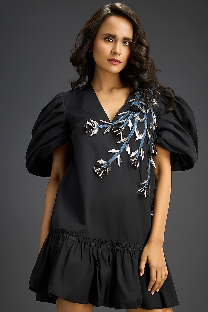 Black Cotton Floral Embroidered Mini Summer Dress by Deepika Arora at Pernia's Pop Up Shop