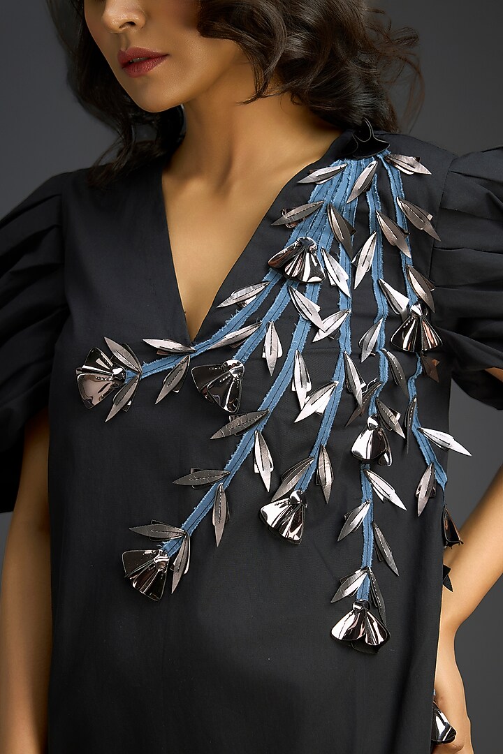 Black Cotton Floral Embroidered Mini Summer Dress by Deepika Arora at Pernia's Pop Up Shop