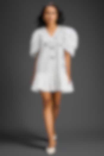 White Cotton Floral Embroidered Mini Summer Dress by Deepika Arora at Pernia's Pop Up Shop