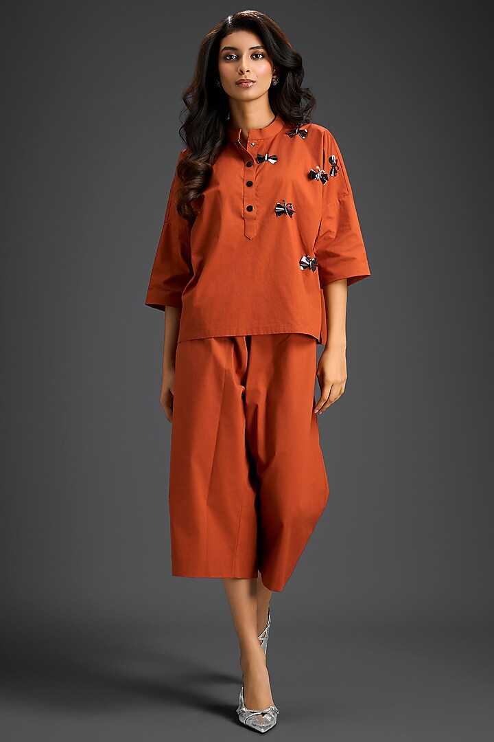Rust Cotton Hand Embellished Co-Ord Set by Deepika Arora at Pernia's Pop Up Shop