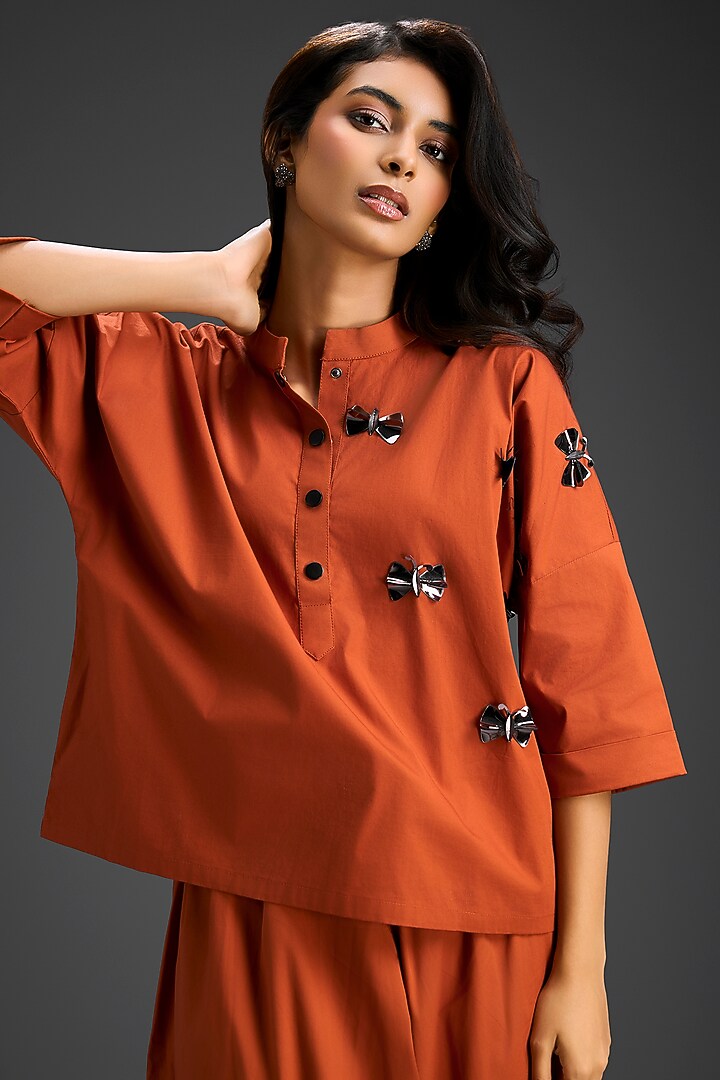 Rust Cotton Hand Embellished Co-Ord Set by Deepika Arora at Pernia's Pop Up Shop
