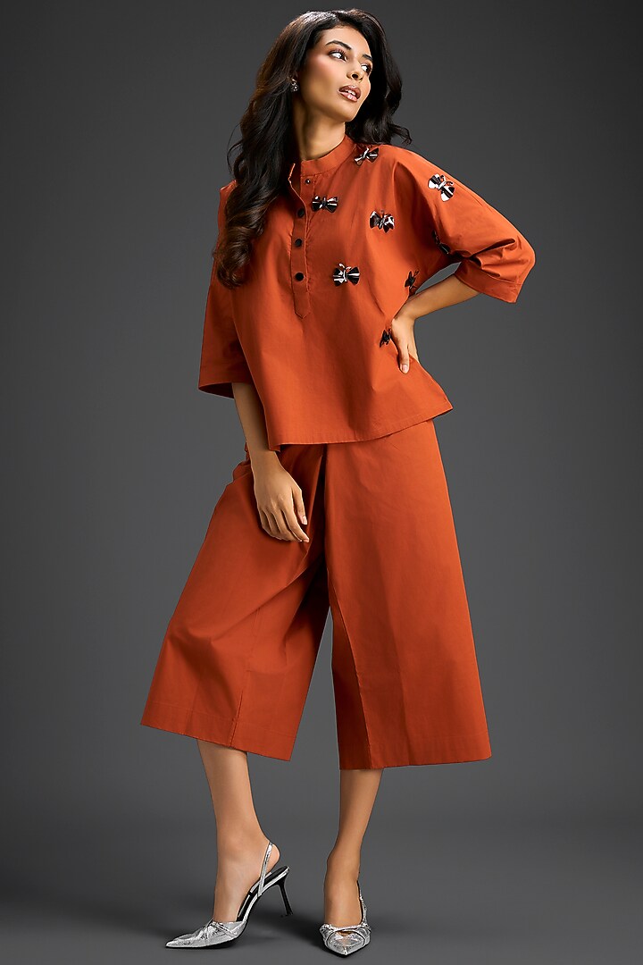 Rust Cotton Hand Embellished Co-Ord Set by Deepika Arora at Pernia's Pop Up Shop