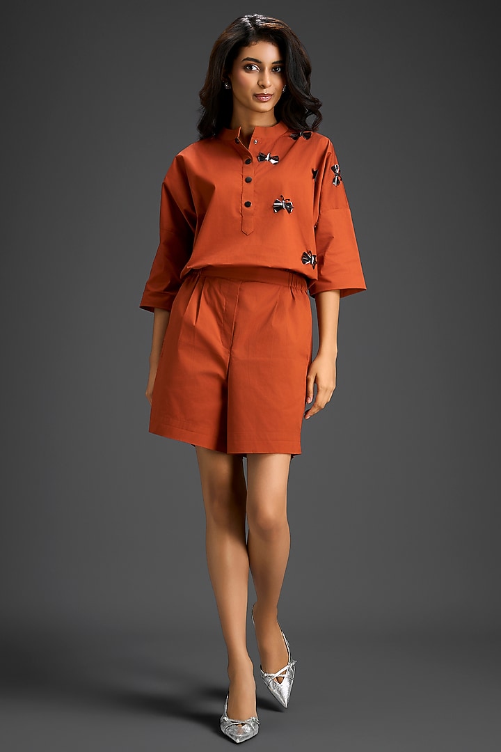 Rust Cotton Hand Embellished Co-Ord Set by Deepika Arora at Pernia's Pop Up Shop