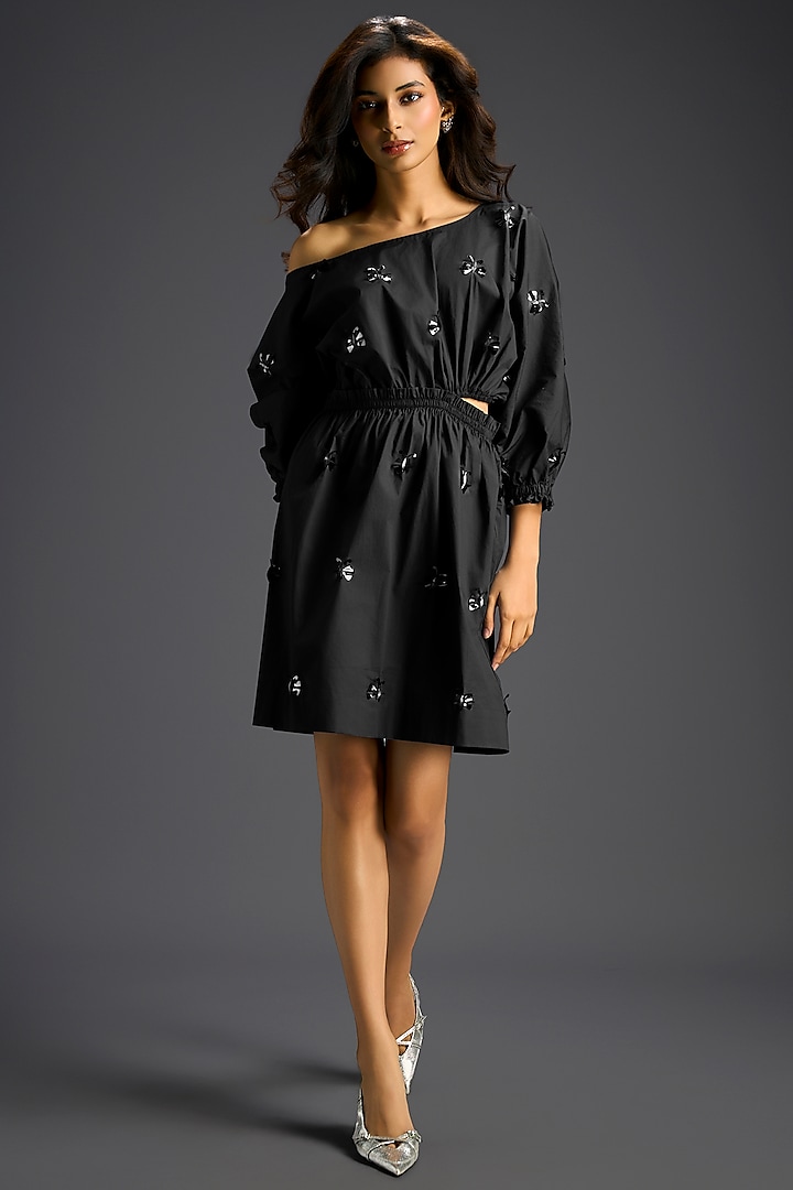 Black Cotton Hand Embellished Off-Shoulder Mini Summer Dress by Deepika Arora at Pernia's Pop Up Shop