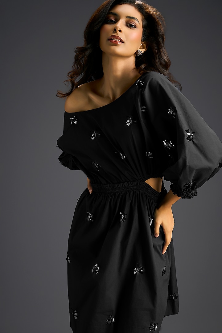 Black Cotton Hand Embellished Off-Shoulder Mini Summer Dress by Deepika Arora at Pernia's Pop Up Shop