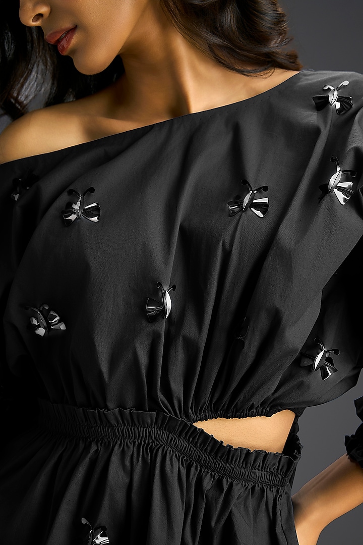 Black Cotton Hand Embellished Off-Shoulder Mini Summer Dress by Deepika Arora at Pernia's Pop Up Shop