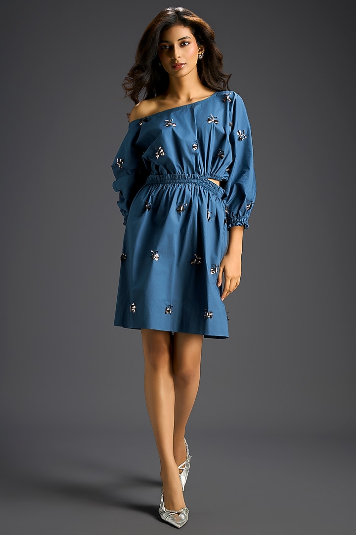 Blue Cotton Hand Embellished Off-Shoulder Mini Summer Dress by Deepika Arora at Pernia's Pop Up Shop