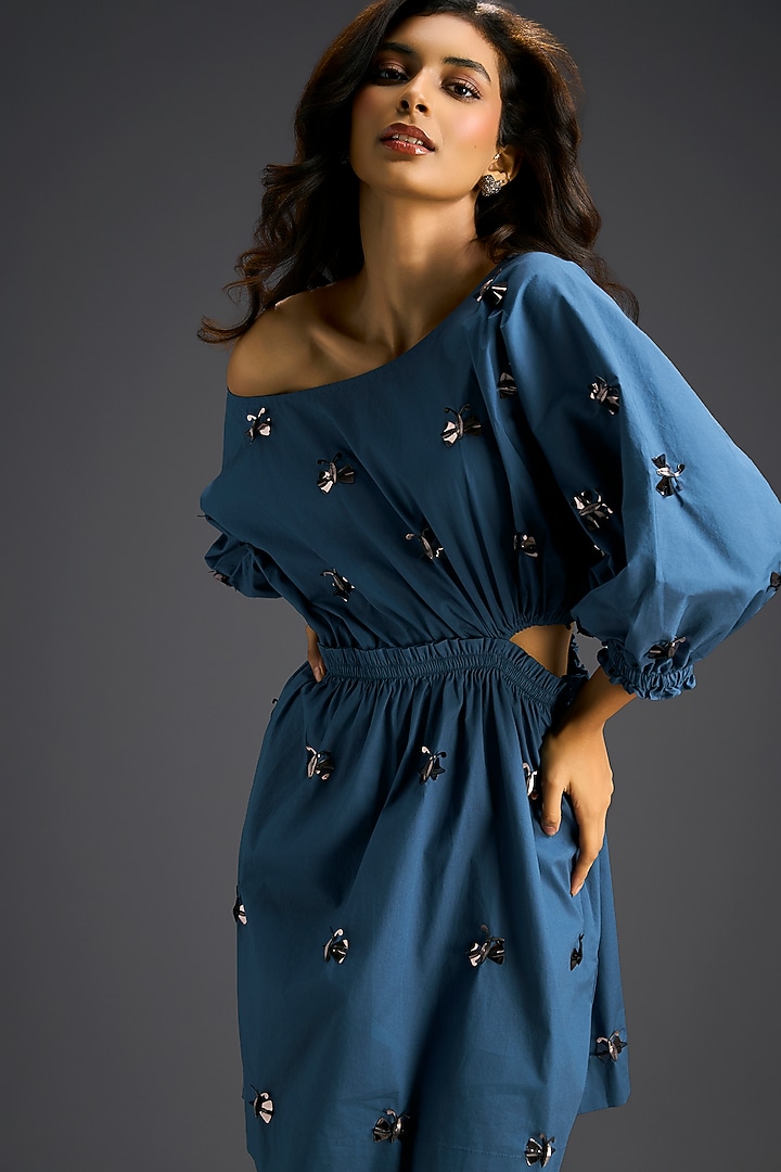 Blue Cotton Hand Embellished Off-Shoulder Mini Summer Dress by Deepika Arora at Pernia's Pop Up Shop
