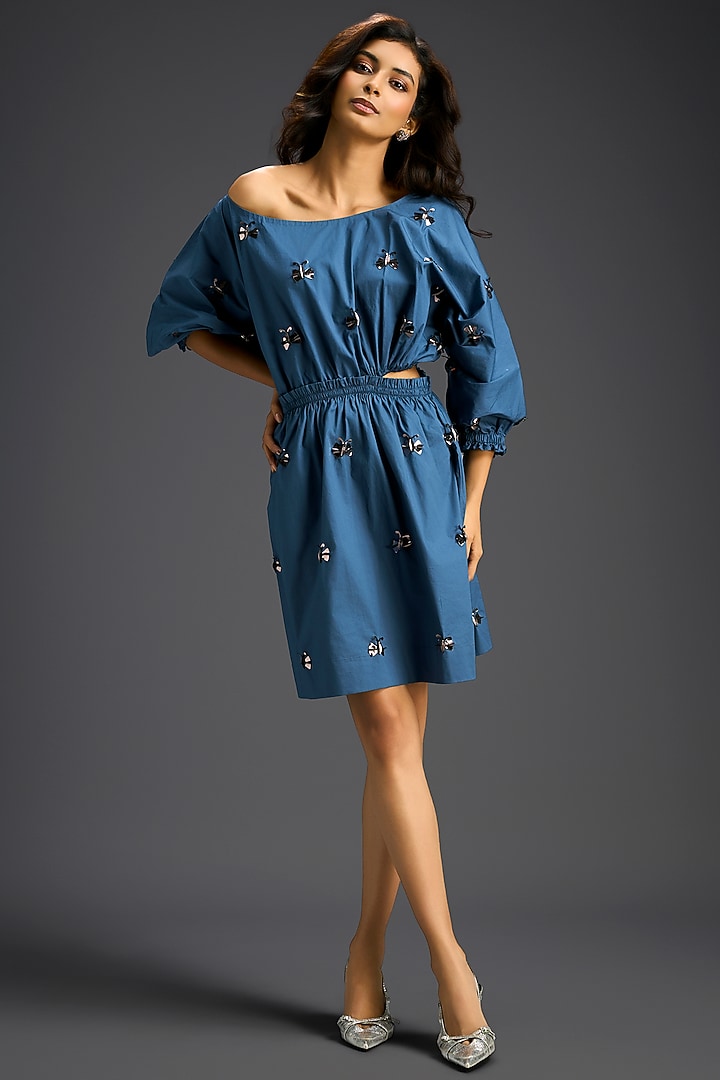 Blue Cotton Hand Embellished Off-Shoulder Mini Summer Dress by Deepika Arora at Pernia's Pop Up Shop