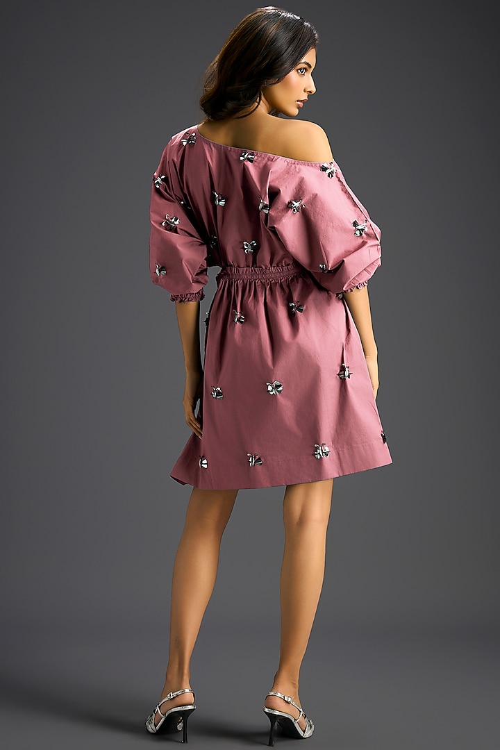Pink Cotton Hand Embellished Off-Shoulder Mini Summer Dress by Deepika Arora at Pernia's Pop Up Shop