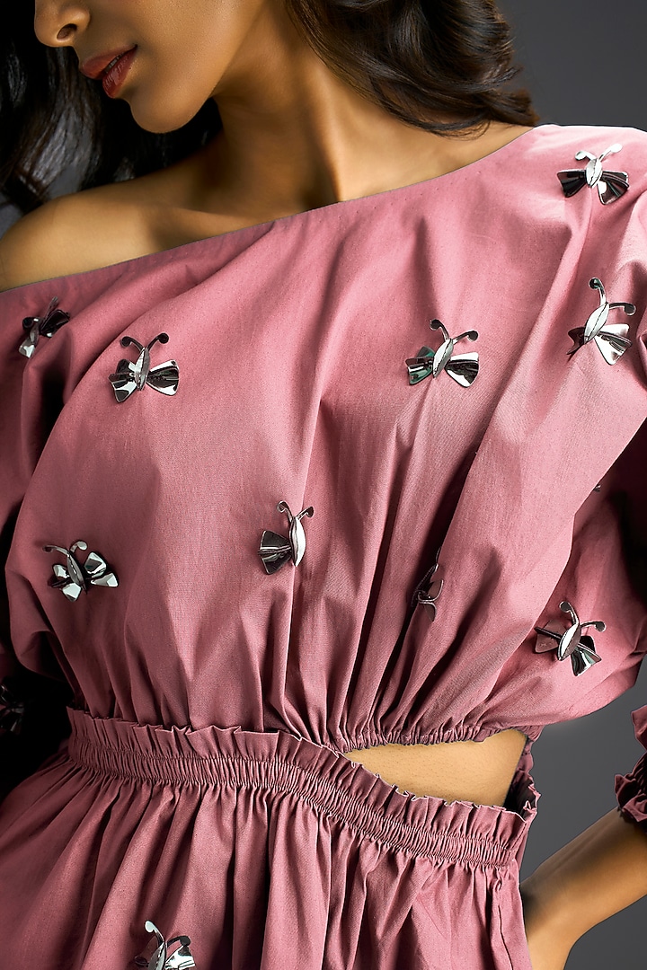 Pink Cotton Hand Embellished Off-Shoulder Mini Summer Dress by Deepika Arora at Pernia's Pop Up Shop