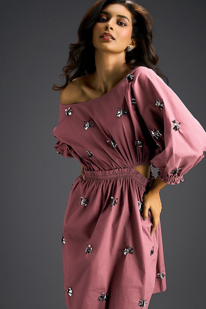 Pink Cotton Hand Embellished Off-Shoulder Mini Summer Dress by Deepika Arora at Pernia's Pop Up Shop