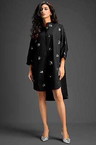 Black Cotton Hand Embellished Mini Shirt Dress by Deepika Arora