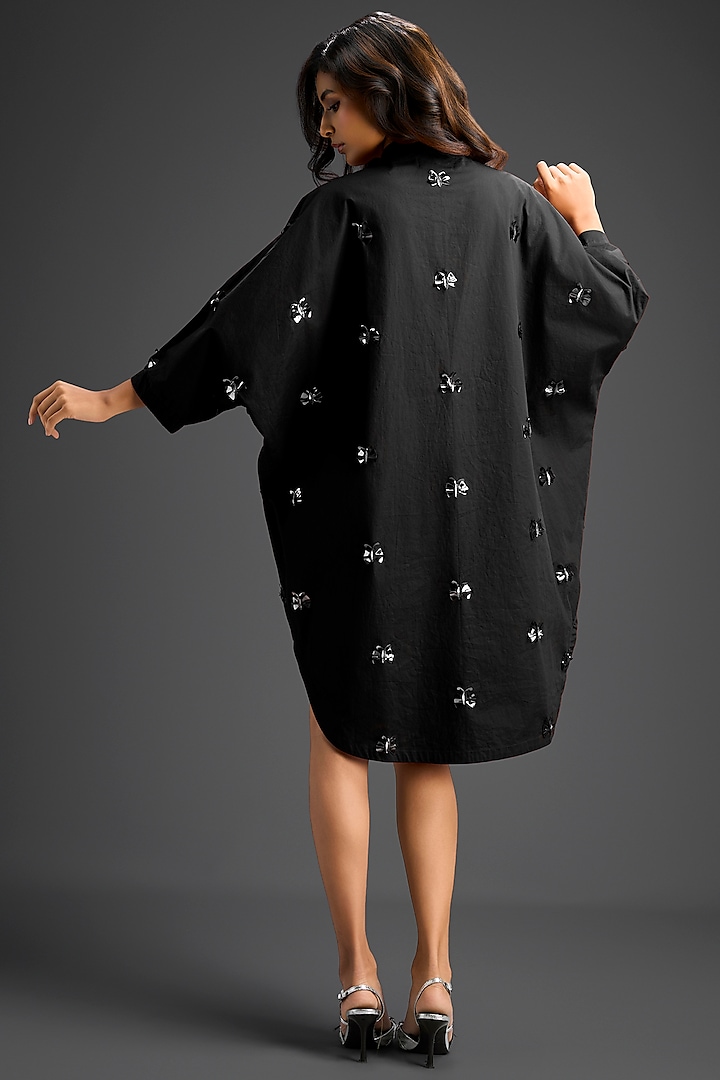 Black Cotton Hand Embellished Mini Summer Shirt Dress by Deepika Arora at Pernia's Pop Up Shop