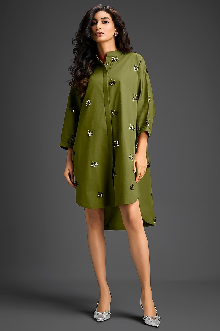 Green Cotton Hand Embellished Mini Summer Shirt Dress by Deepika Arora at Pernia's Pop Up Shop