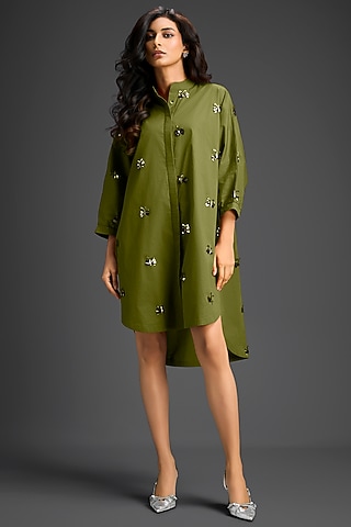 Green Cotton Hand Embellished Mini Shirt Dress by Deepika Arora