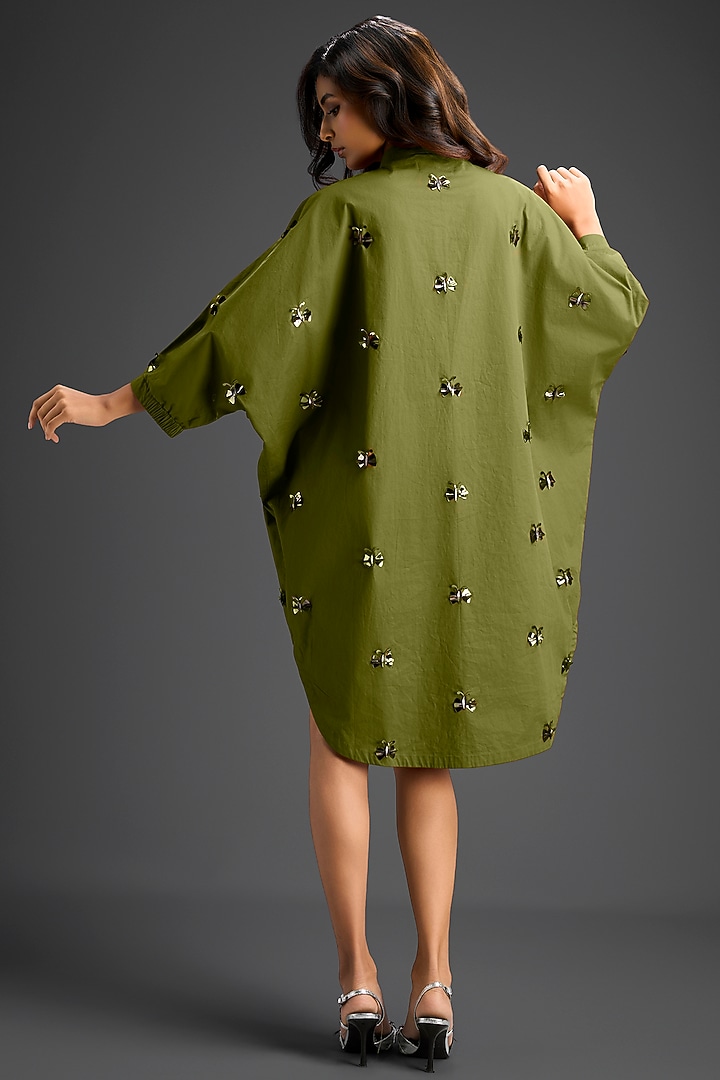 Green Cotton Hand Embellished Mini Summer Shirt Dress by Deepika Arora at Pernia's Pop Up Shop