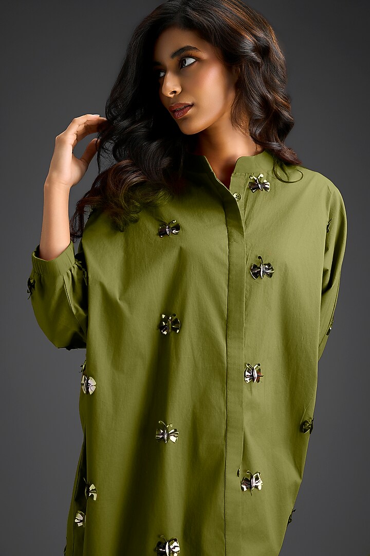 Green Cotton Hand Embellished Mini Summer Shirt Dress by Deepika Arora at Pernia's Pop Up Shop