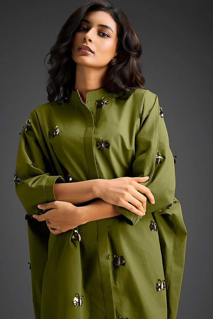 Green Cotton Hand Embellished Mini Summer Shirt Dress by Deepika Arora at Pernia's Pop Up Shop