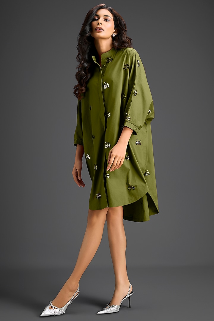 Green Cotton Hand Embellished Mini Summer Shirt Dress by Deepika Arora at Pernia's Pop Up Shop