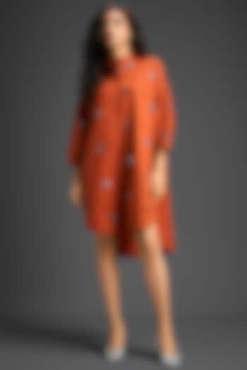 Rust Cotton Hand Embellished Mini Summer Shirt Dress by Deepika Arora at Pernia's Pop Up Shop