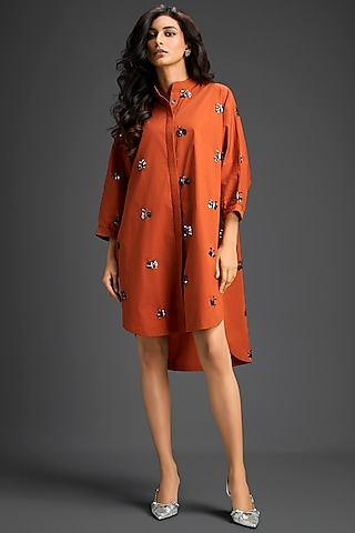 Rust Cotton Hand Embellished Mini Shirt Dress by Deepika Arora
