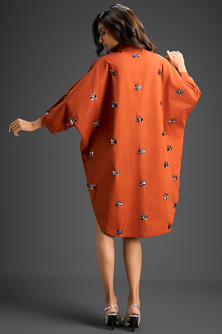 Rust Cotton Hand Embellished Mini Summer Shirt Dress by Deepika Arora at Pernia's Pop Up Shop