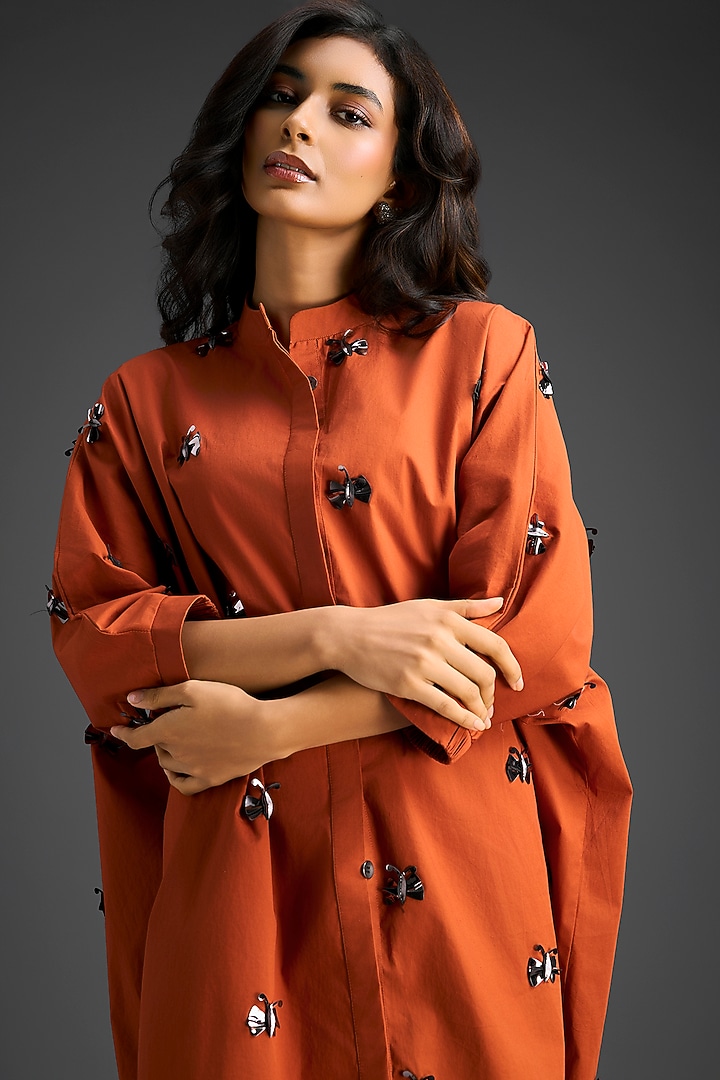 Rust Cotton Hand Embellished Mini Summer Shirt Dress by Deepika Arora at Pernia's Pop Up Shop