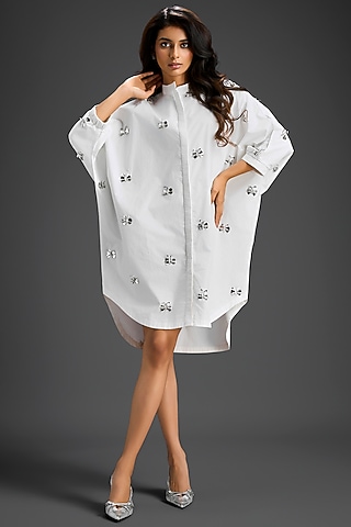 White Cotton Hand Embellished Mini Shirt Dress by Deepika Arora