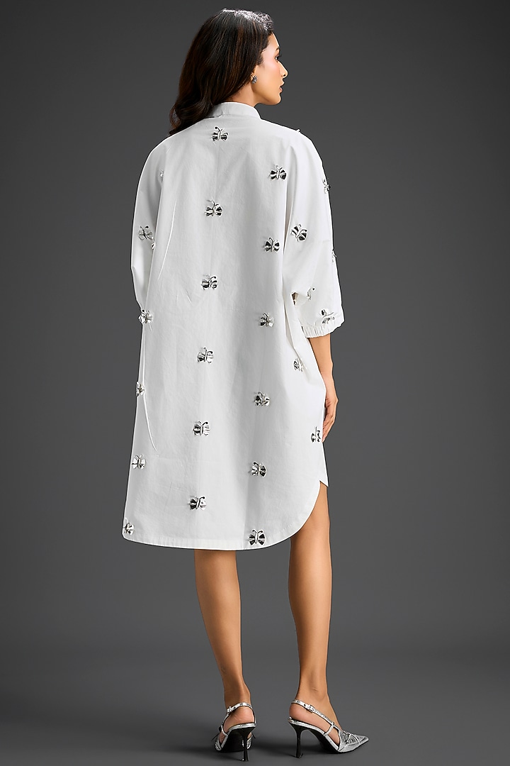 White Cotton Hand Embellished Mini Summer Shirt Dress by Deepika Arora at Pernia's Pop Up Shop