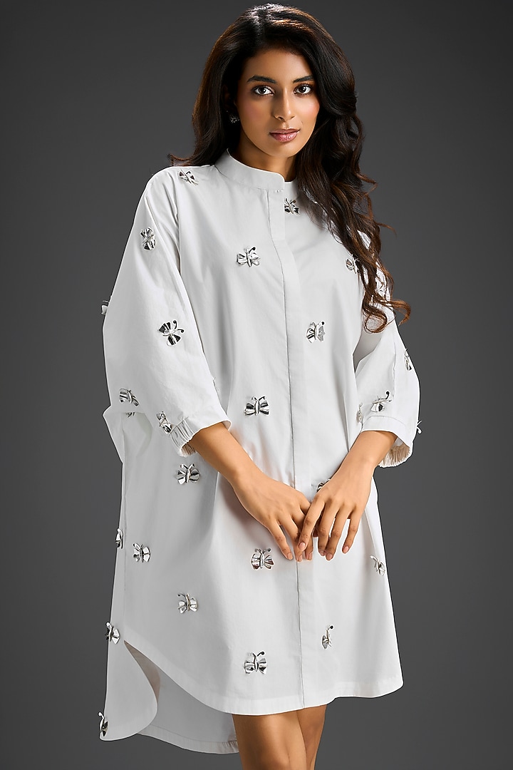 White Cotton Hand Embellished Mini Summer Shirt Dress by Deepika Arora at Pernia's Pop Up Shop