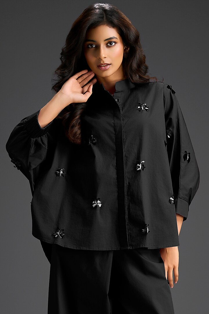 Black Cotton Hand Embellished Co-Ord Set by Deepika Arora at Pernia's Pop Up Shop