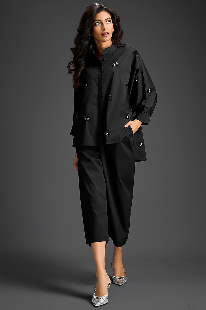 Black Cotton Hand Embellished Co-Ord Set by Deepika Arora at Pernia's Pop Up Shop