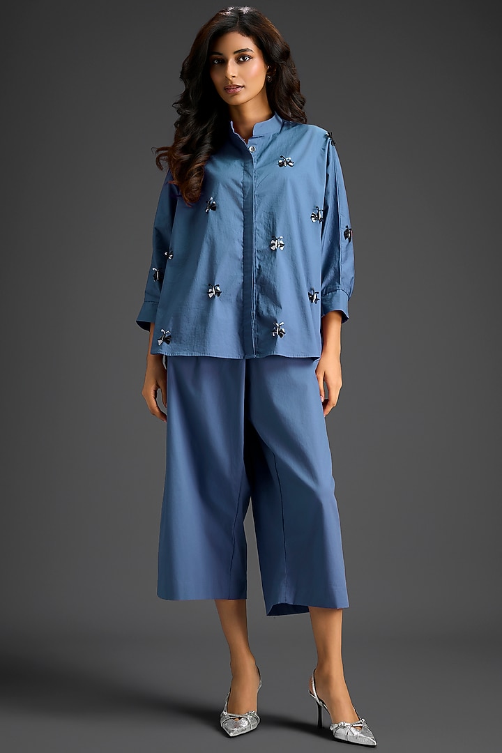 Blue Cotton Hand Embellished Co-Ord Set by Deepika Arora at Pernia's Pop Up Shop