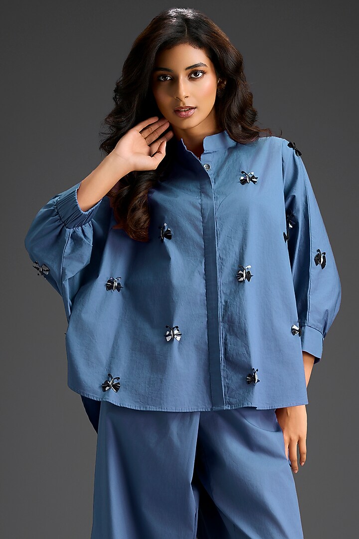Blue Cotton Hand Embellished Co-Ord Set by Deepika Arora at Pernia's Pop Up Shop
