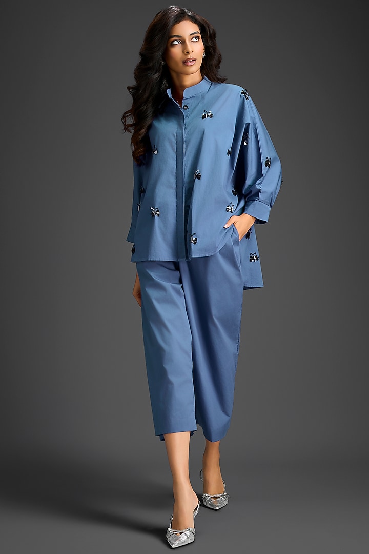 Blue Cotton Hand Embellished Co-Ord Set by Deepika Arora at Pernia's Pop Up Shop